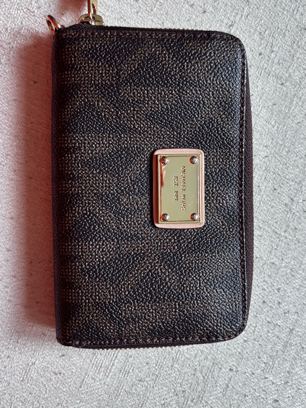 Michael Kors Dark Brown Textured Zip Wallet with Gold Plate